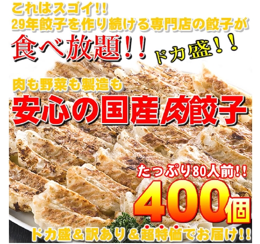 【ワケあり】２９年餃子を作り続ける専門店の安心の国産餃子４００個!!８0人前!!
